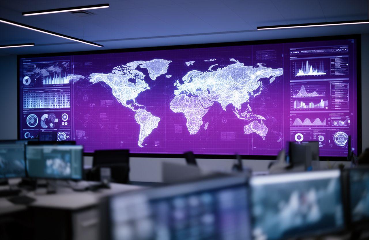 Global workforce data visualization dashboard on a large screen in a modern office