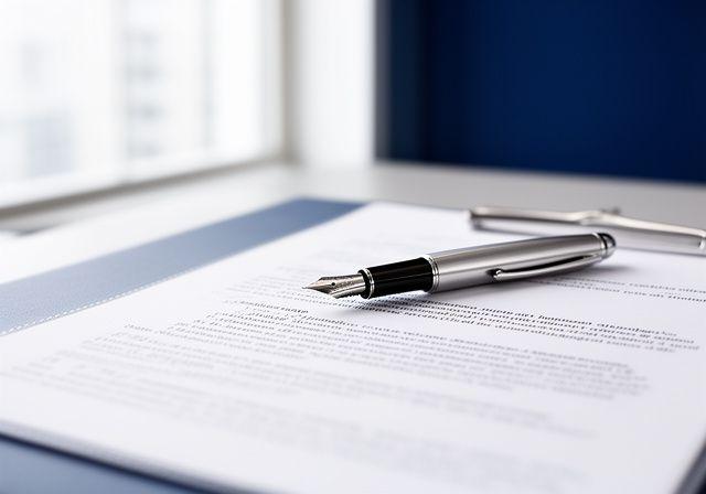 Close up of a legal document and a classic fountain pen on a professional desk